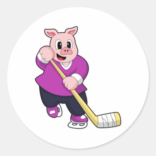Varkens op ijshockey met ijshockeystick ronde sticker (Voorkant)