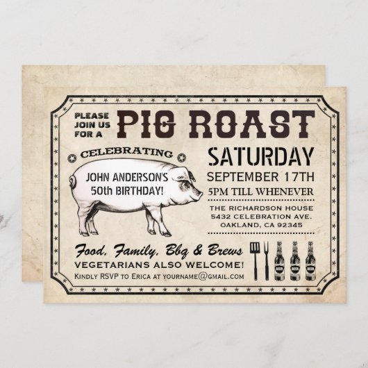  varkensbraaduitnodigingen (ticketstijl) kaart (Voorkant / Achterkant)