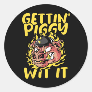 Varkensgebraden barbecue krijgt Piggy With It BBQ Ronde Sticker