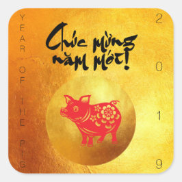 Varkensjaar 2019 Groet in Vietnamees Gouden Plein  Vierkante Sticker