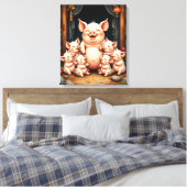 Varkenskunst – Moeder & Biggen Canvas Afdruk (Insitu (Slaapkamer))