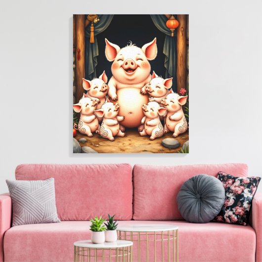 Varkenskunst – Moeder & Biggen Canvas Afdruk (Insitu (Woonkamer))