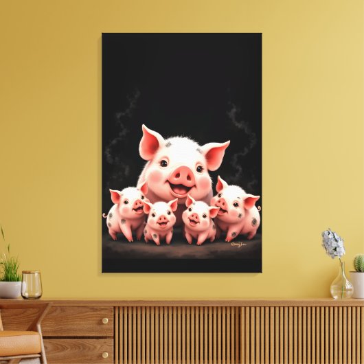 Varkenskunst – Moeder Varken & Biggen Canvas Afdruk (Insitu (Woonkamer))