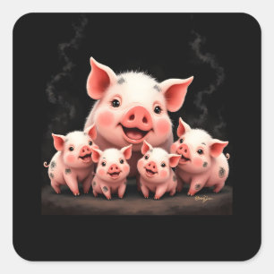 Varkenskunst – Moeder Varken & Biggen Vierkante Sticker