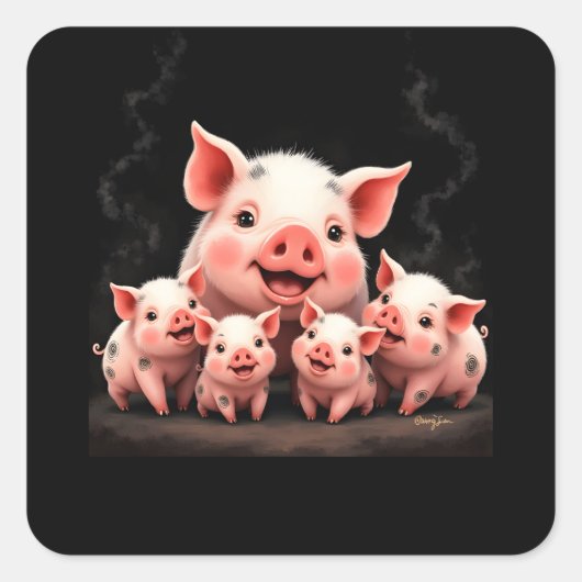 Varkenskunst – Moeder Varken & Biggen Vierkante Sticker (Voorkant)