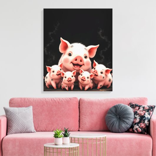 Varkenskunstwerk – Moeder Varken & Biggen Canvas Afdruk (Insitu (Woonkamer))