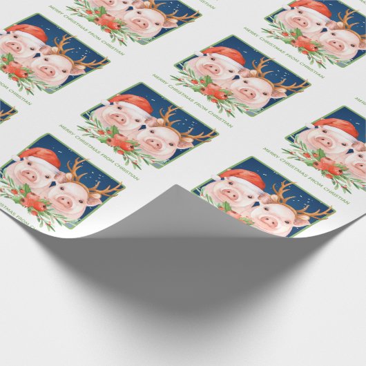 Varkenspaar Schattige Kerstman en rendieren Cadeaupapier (Hoek)