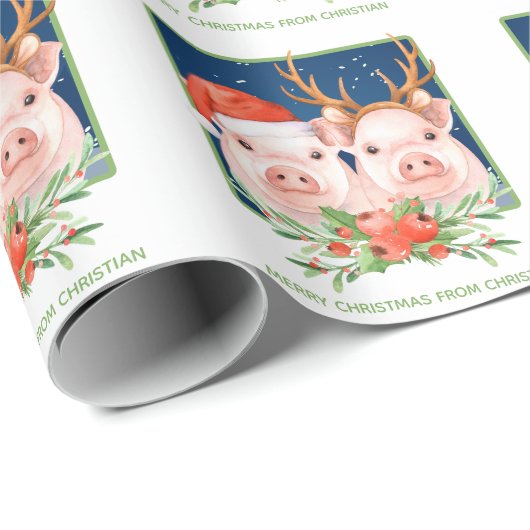 Varkenspaar Schattige Kerstman en rendieren Cadeaupapier (Rol Hoek)