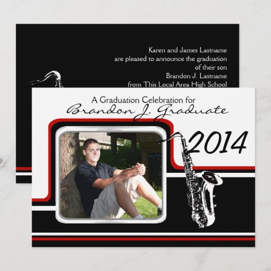 Varsity Band Saxofoon Afstuderen Foto Rood Kaart (Voorkant / Achterkant)