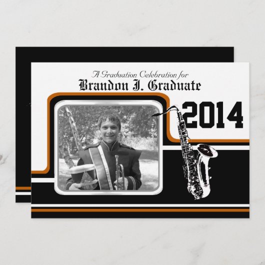 Varsity Band Saxofoon Afstuderen Foto Sinaasappel Kaart (Voorkant / Achterkant)