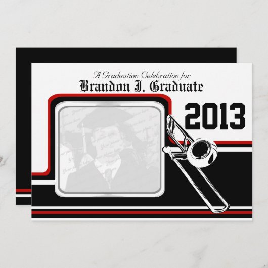 Varsity Band Trombone Afstuderen Foto Rood Kaart (Voorkant / Achterkant)