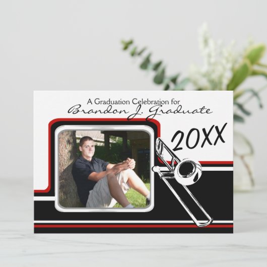 Varsity Band Trombone Afstuderen Foto Rood Kaart (Staand voorkant)