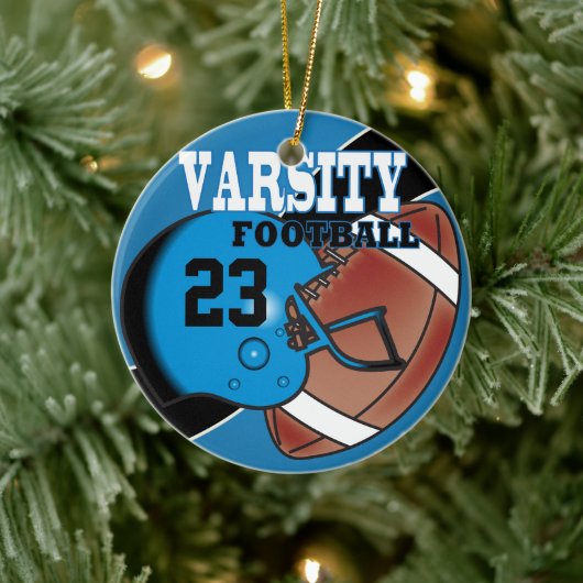 Varsity Blue en Black Football Keramisch Ornament (Boom)