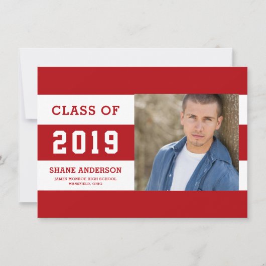 Varsity Lettering Striped Afstudeerder Foto Aankon Aankondiging (Voorkant)