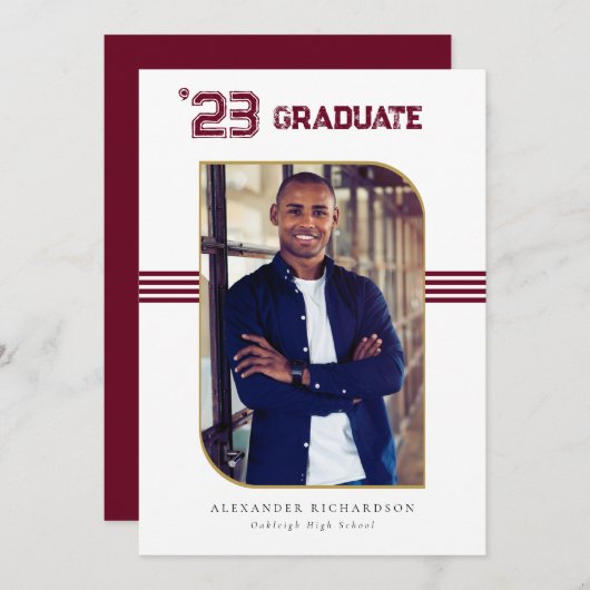 Varsity Letterman | Foto rood en gouden Afstuderen Aankondiging (Voorkant / Achterkant)
