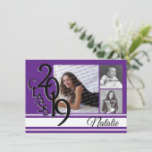 Varsity Paarse 2019 Afstuderen Drie Foto Kaart (Staand voorkant)