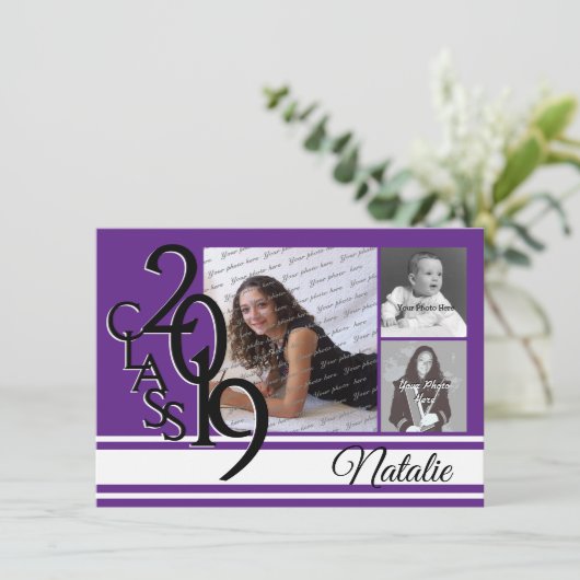 Varsity Paarse 2019 Afstuderen Drie Foto Kaart (Staand voorkant)