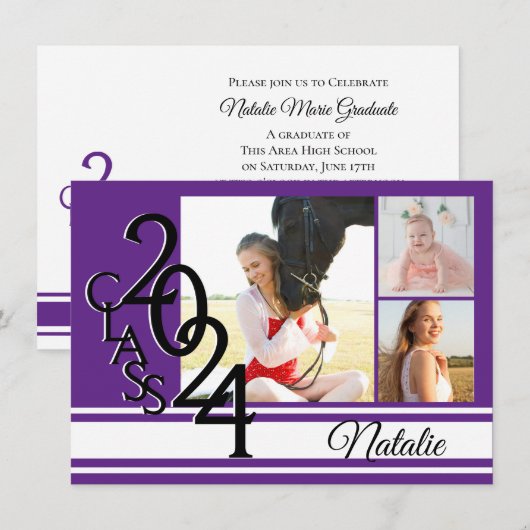 Varsity Paarse 2024 Afstuderen Tri Foto Kaart (Voorkant / Achterkant)