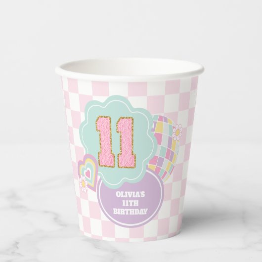 Varsity preppy pastel patch 11e verjaardag papieren bekers (Voorkant)