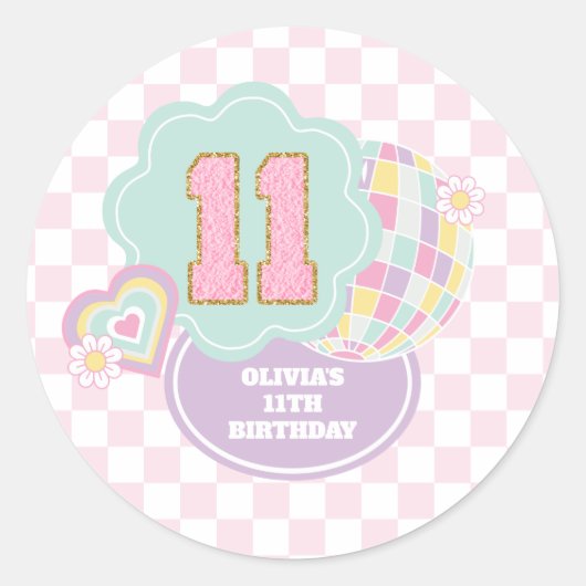 Varsity preppy pastel patch 11e verjaardag ronde sticker (Voorkant)