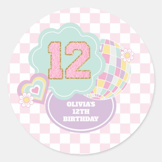 Varsity preppy pastel patch 12e verjaardag ronde sticker (Voorkant)