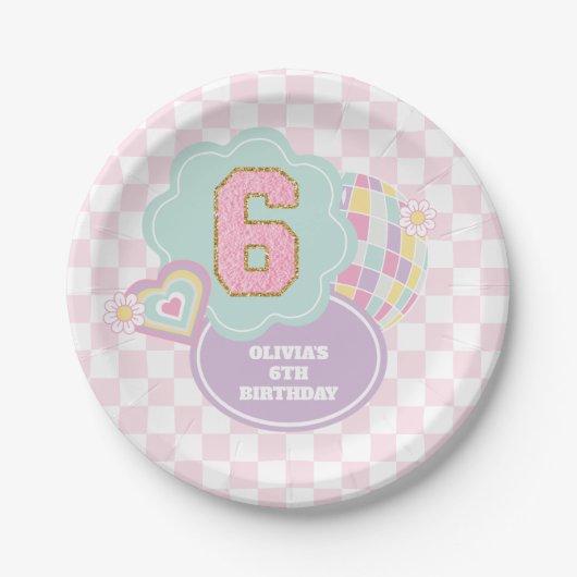 Varsity preppy pastel patch 6e verjaardag papieren bordje (Voorkant)