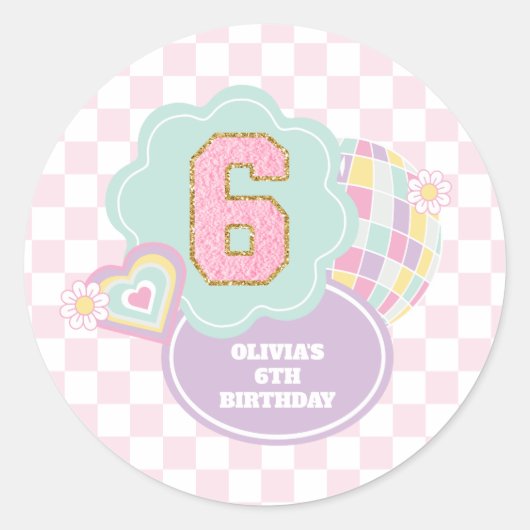 Varsity preppy pastel patch 6e verjaardag ronde sticker (Voorkant)