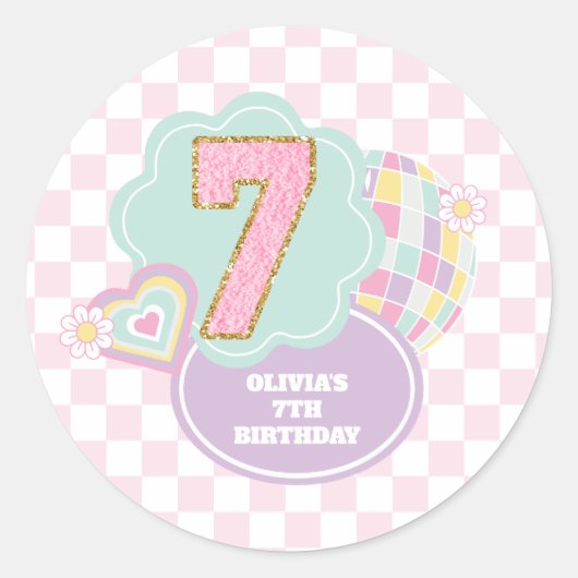 Varsity preppy pastel patch 7e verjaardag ronde sticker (Voorkant)