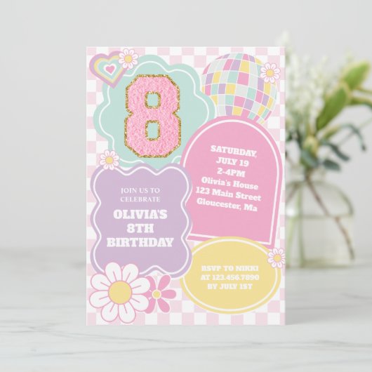 Varsity preppy pastel patch 8e verjaardag kaart (Staand voorkant)