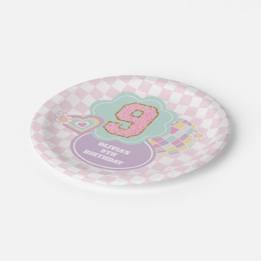 Varsity preppy pastel patch 9e verjaardag papieren bordje (Gekanteld)