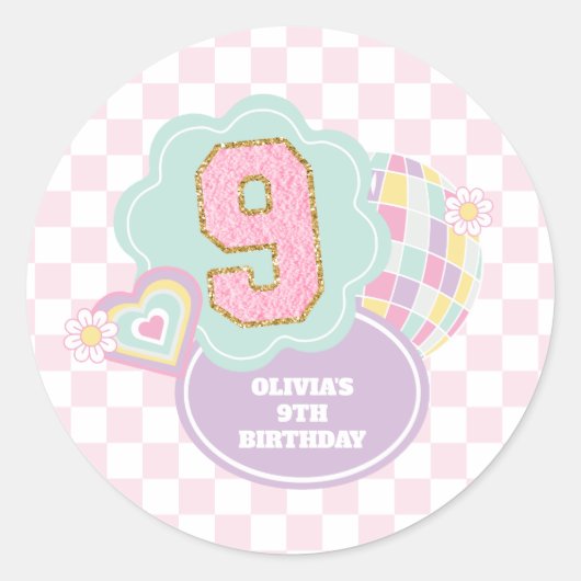 Varsity preppy pastel patch 9e verjaardag ronde sticker (Voorkant)