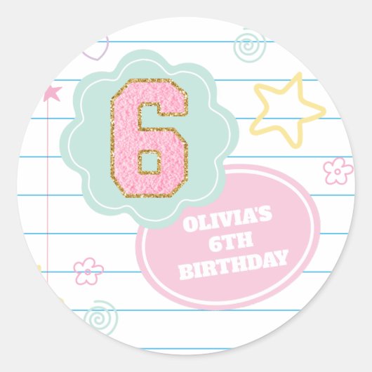 Varsity preppy pastel patch notebook 6e verjaardag ronde sticker (Voorkant)