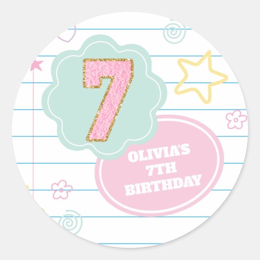 Varsity preppy pastel patch notebook 7e verjaardag ronde sticker (Voorkant)