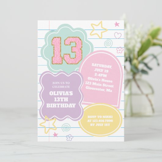 Varsity preppy pastel patch notitieboek 13e verjaa kaart (Staand voorkant)