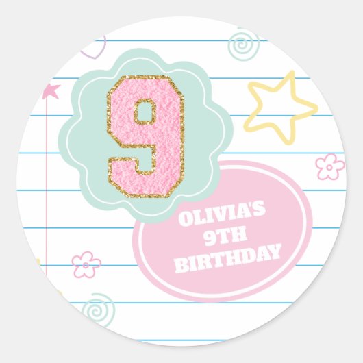 Varsity preppy pastel patch notitieboek 9e verjaar ronde sticker (Voorkant)