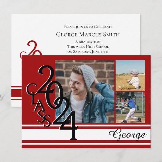 Varsity Red 2024 Afstuderen Tri Foto Kaart (Voorkant / Achterkant)