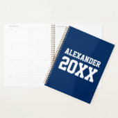 Varsity sporten blauw wit aangepaste naam & jaar planner (Display)