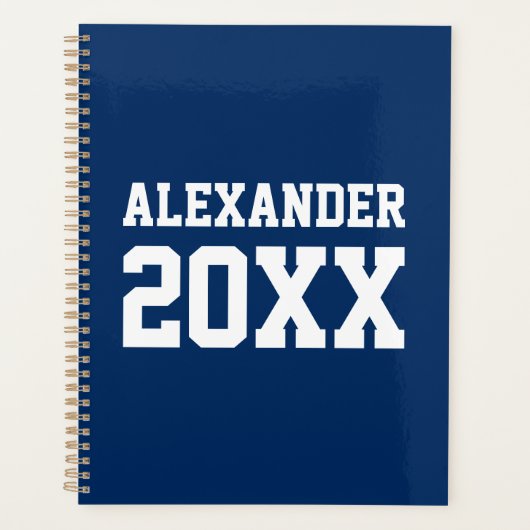 Varsity sporten blauw wit aangepaste naam & jaar planner (Voorkant)