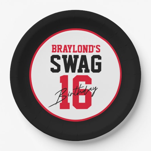 Varsity Stijl Rode Swag 16 Verjaardag Papieren Bordje (Voorkant)