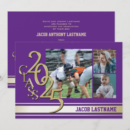 Varsity Streep Drie Foto Gouden Afstudeeruitnodigi Kaart (Voorkant / Achterkant)
