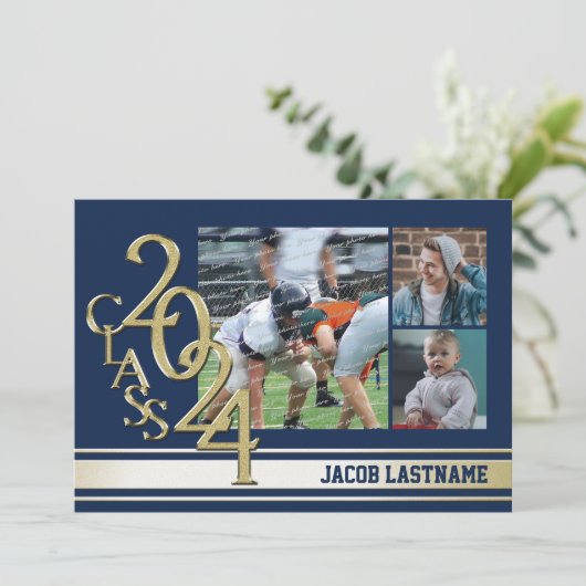 Varsity Stripe Tri Foto Gouden Afstudeeruitnodigin Kaart (Staand voorkant)