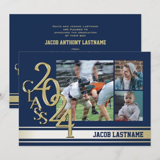 Varsity Stripe Tri Foto Gouden Afstudeeruitnodigin Kaart (Voorkant / Achterkant)
