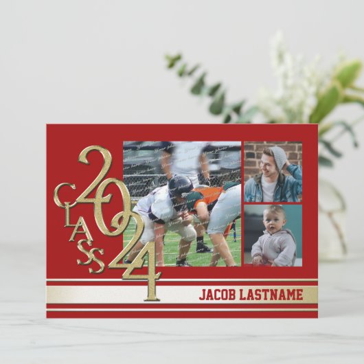 Varsity Stripe Tri Foto Gouden Afstudeeruitnodigin Kaart (Staand voorkant)