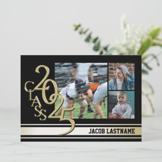 Varsity Stripe Tri Foto Gouden Afstudeeruitnodigin Kaart (Staand voorkant)