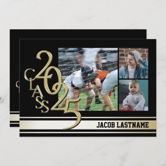 Varsity Stripe Tri Foto Gouden Afstudeeruitnodigin Kaart (Voorkant / Achterkant)