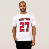 Varsity Team Naam Nummer Rood Zwart Basketbal T-shirt (Voorkant volledig)