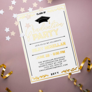Varsity Typography White Gold Graduparty Folie Uitnodiging