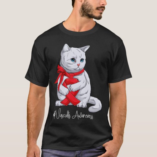 Vasculitis-bewustzijnsmaand Rode Lint Kat grappig T-shirt (Voorkant)