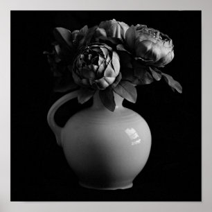 Vase en Peony Flowers Black en White Art Print