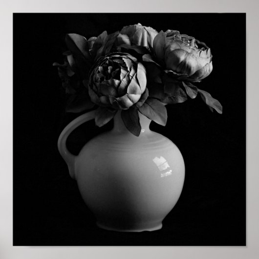 Vase en Peony Flowers Black en White Art Print (Voorkant)